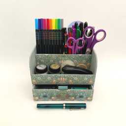 Handmade Strawberry Thief Green Fabric Desk Tidy William Morris Stationery Organiser With Drawer - thumbnail 2
