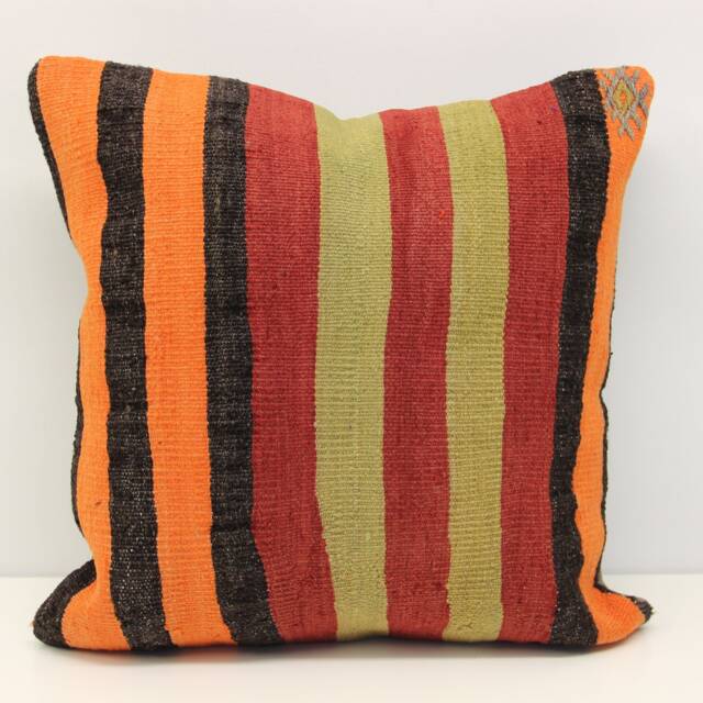 Vintage Anatolian Kilim Pillow Cover 18x18 Orange Stripe Cushion - image 1