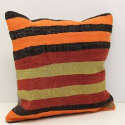 Vintage Anatolian Kilim Pillow Cover 18x18 Orange Stripe Cushion - thumbnail 2