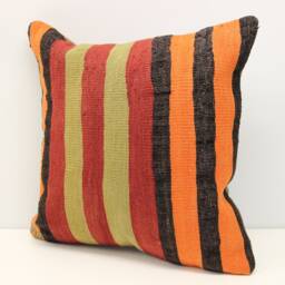 Vintage Anatolian Kilim Pillow Cover 18x18 Orange Stripe Cushion - thumbnail 3