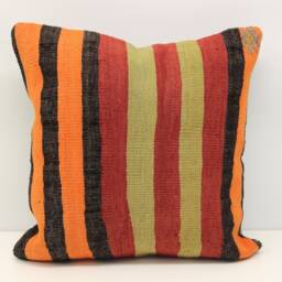 Vintage Anatolian Kilim Pillow Cover 18x18 Orange Stripe Cushion - thumbnail 1