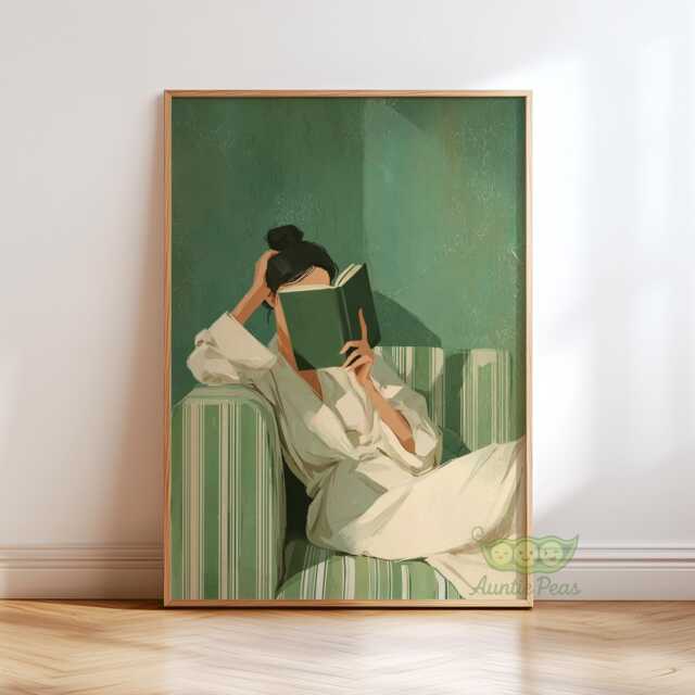 Emerald Green Woman Reading Wall Art, Cozy Book Lover Print, Minimalist Modern Home Decor, Contemporary Poster, Abstract Art - image 1