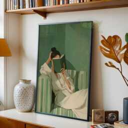 Emerald Green Woman Reading Wall Art, Cozy Book Lover Print, Minimalist Modern Home Decor, Contemporary Poster, Abstract Art - thumbnail 2