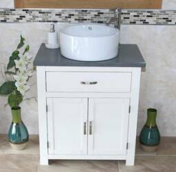 Bathroom Vanity Unit White Painted Cabinet Wash Stand Grey Quartz & Ceramic Basin 502Pgqcbc