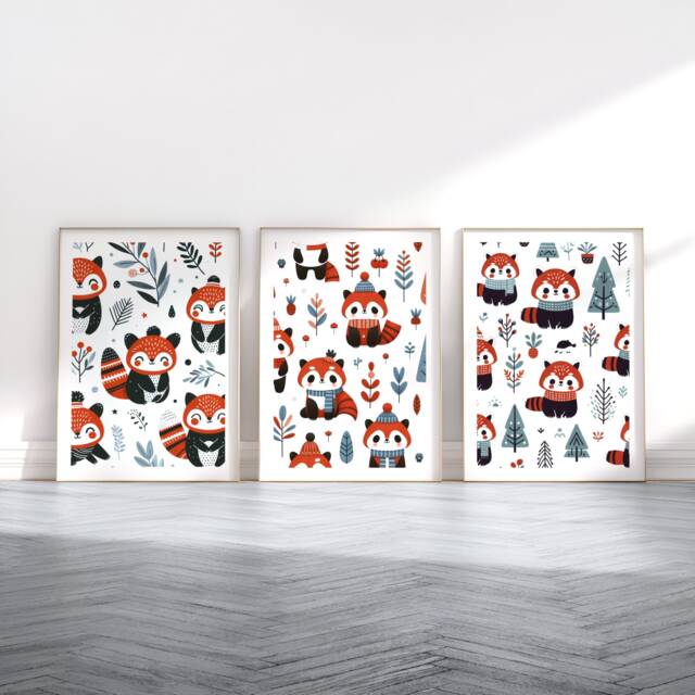 Red Panda Print Set - 3 Scandinavian Style Artwork - Retro Wall Art Scandanavian Design Scandi Animal Pattern Decor Nordic Home Poster - image 1