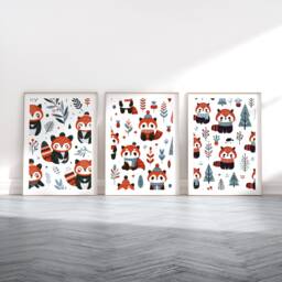 Red Panda Print Set - 3 Scandinavian Style Artwork - Retro Wall Art Scandanavian Design Scandi Animal Pattern Decor Nordic Home Poster - thumbnail 1