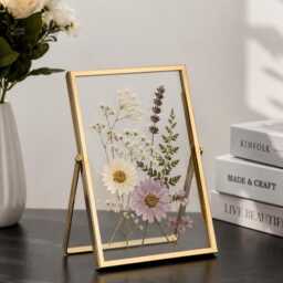 Gold Floating Glass Photo Frame, Modern Standing Picture Wedding Table Number Pressed Flower Display, 4x4 4x6 6x8 - thumbnail 2