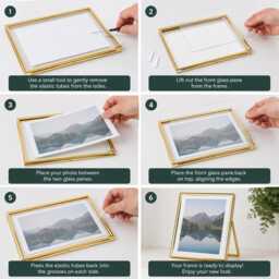 Gold Floating Glass Photo Frame, Modern Standing Picture Wedding Table Number Pressed Flower Display, 4x4 4x6 6x8 - thumbnail 4