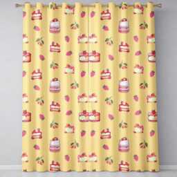 Cute Strawberry Cherry Cake Dessert Yellow Background Seamless Pattern Readymade Eyelet Ring Top Thermal 100% Blackout Curtains - thumbnail 2