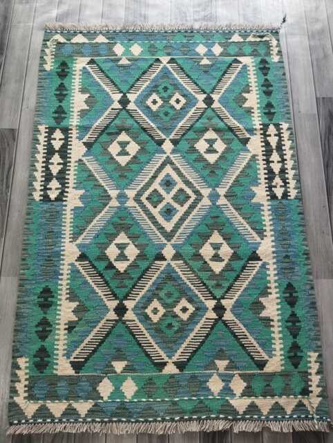 Kilim Rug Turquoise, Handmade Artisan Afghan Turkish Persian Qashqai Navajo Bohemian Natural Wool Flatweave 152x104 cm - image 1