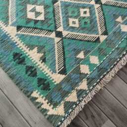 Kilim Rug Turquoise, Handmade Artisan Afghan Turkish Persian Qashqai Navajo Bohemian Natural Wool Flatweave 152x104 cm - thumbnail 3