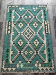 Kilim Rug Turquoise, Handmade Artisan Afghan Turkish Persian Qashqai Navajo Bohemian Natural Wool Flatweave 152x104 cm - thumbnail 1