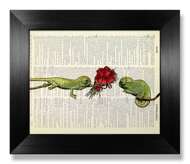 Unique Wedding Gift Cuople Gift, Valentines Him, Engagement Her, Flower Rose Wall Art Poster Print, Lovely Lizard Show Love Decor