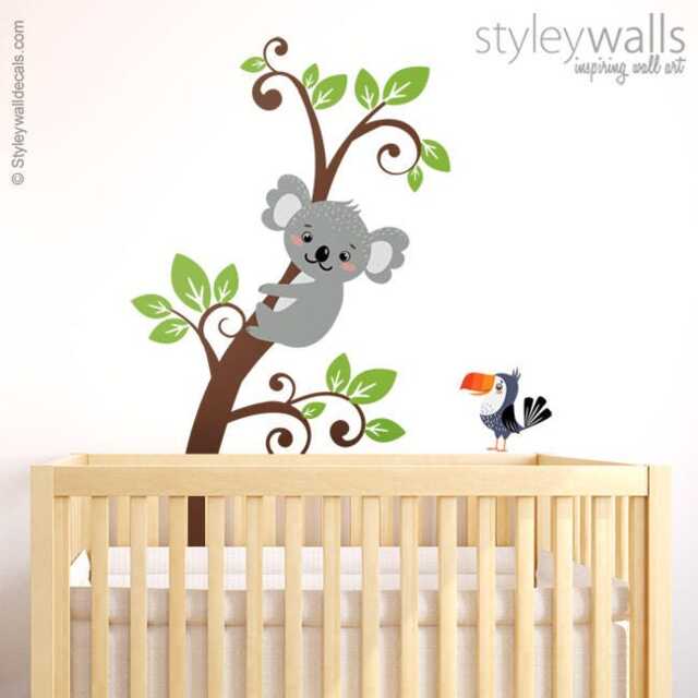 Koala Wall Decal, Branch & Decal Sticker, Bear Parrot Kids Baby Nursery Decor - image 1