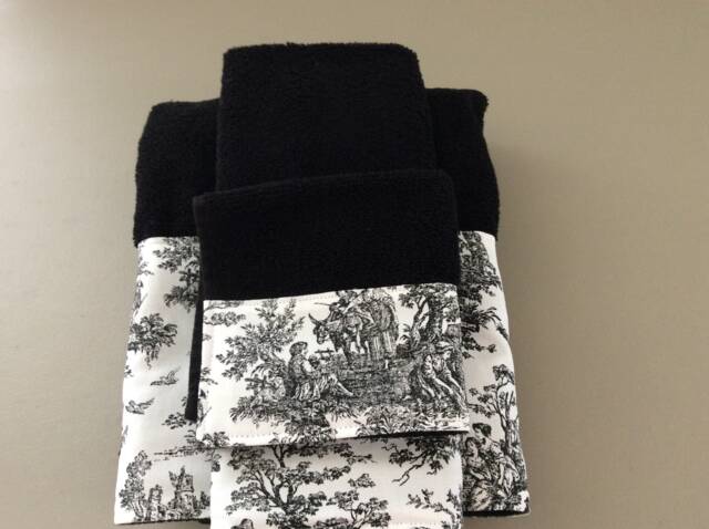 3 Piece Towel Set Black/White Country Life Toile French Guest Bathroom Decorative