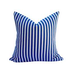 striped Cotton Pillow Cover, Blue & Ivory White, 20x20 Accent Cushion - thumbnail 1