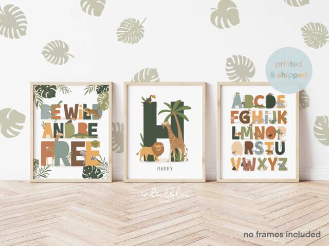 Set Of 3 Jungle Animals Prints, Personalised Initial Print, Safari Alphabet Be Wild Playroom Prints - image 1