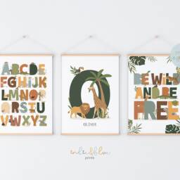 Set Of 3 Jungle Animals Prints, Personalised Initial Print, Safari Alphabet Be Wild Playroom Prints - thumbnail 2