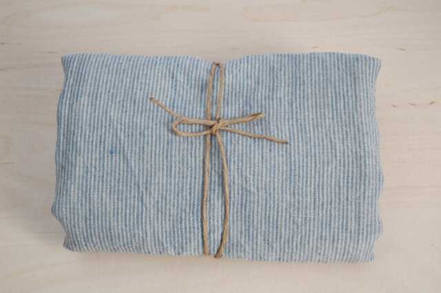 Soft Linen Bath Towel 100% Pure Fabric Sheet Natural & Light Blue Very Narrow Printstripes Stonewashed Linen Spa - image 1