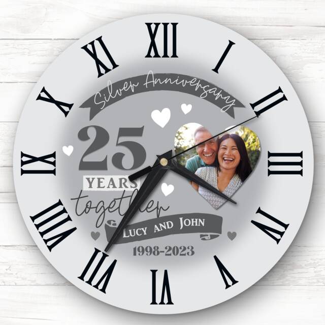 25Th Wedding Anniversary Silver Photo Personalised Gift Clock - image 1
