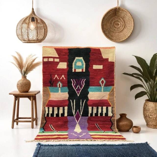Handwoven Moroccan Berber Rug Red & Black Azilal Design - image 1