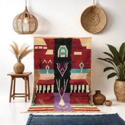 Handwoven Moroccan Berber Rug Red & Black Azilal Design - thumbnail 1
