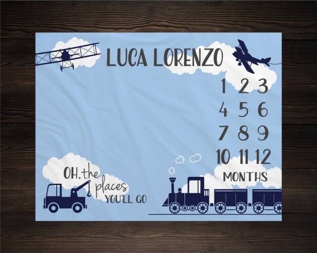Adventure Milestone Blanket Monthly Growth Tracker Airplane Train Truck Baby Shower Gift Newborn Watch Me Grow Boy - image 1