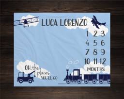 Adventure Milestone Blanket Monthly Growth Tracker Airplane Train Truck Baby Shower Gift Newborn Watch Me Grow Boy