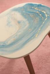Resin Colored Coffee Table in Blue & White, Marble Like Table, Wooden Legs
