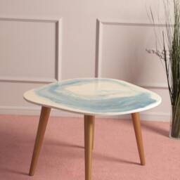 Resin Colored Coffee Table in Blue & White, Marble Like Table, Wooden Legs - thumbnail 2