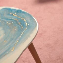 Resin Colored Coffee Table in Blue & White, Marble Like Table, Wooden Legs - thumbnail 4