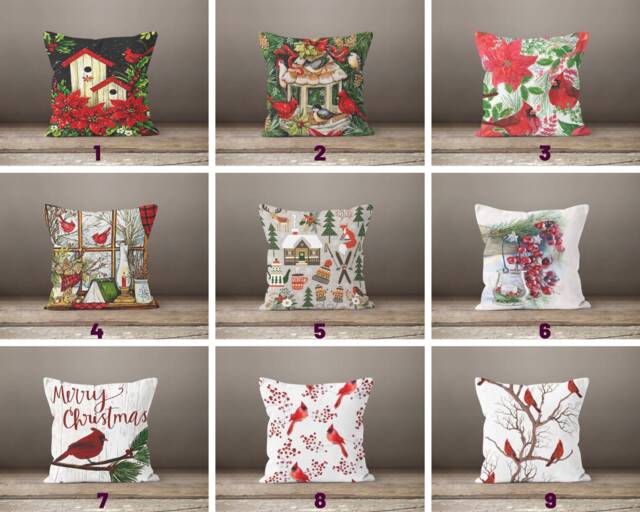 xmas Red Floral Cushion Cover/Floral Cardinal Bird Pillowcase/xmas Flower Pillows Decor/Christmas For Her/Winter Trend/Housewarming Gift - image 1