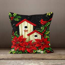 xmas Red Floral Cushion Cover/Floral Cardinal Bird Pillowcase/xmas Flower Pillows Decor/Christmas For Her/Winter Trend/Housewarming Gift - thumbnail 2