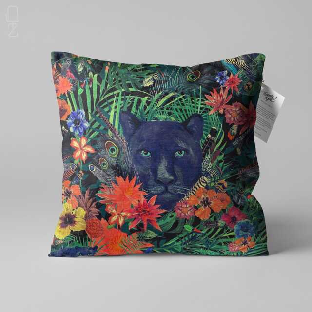 Black Panther Chenille Cushion Cover - Floral Jungle Print Pillow - image 1