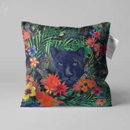 Black Panther Chenille Cushion Cover - Floral Jungle Print Pillow - thumbnail 1