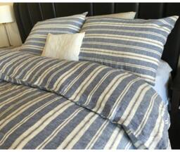 Nautical Stripe Navy Duvet Cover With Striped Pillow Cover, Navy & Cream Ticking Stripe Bedding in Queen, King Size, Linen - thumbnail 1