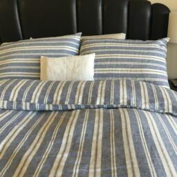 Nautical Stripe Navy Duvet Cover With Striped Pillow Cover, Navy & Cream Ticking Stripe Bedding in Queen, King Size, Linen - thumbnail 3