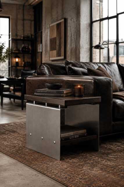 Brutalist Oak Slab Side Table - Industrial Metal Nightstand, Wabi Sabi Statement Piece - image 1