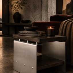 Brutalist Oak Slab Side Table - Industrial Metal Nightstand, Wabi Sabi Statement Piece - thumbnail 4