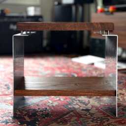Brutalist Oak Slab Side Table - Industrial Metal Nightstand, Wabi Sabi Statement Piece - thumbnail 3