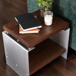 Brutalist Oak Slab Side Table - Industrial Metal Nightstand, Wabi Sabi Statement Piece - thumbnail 2