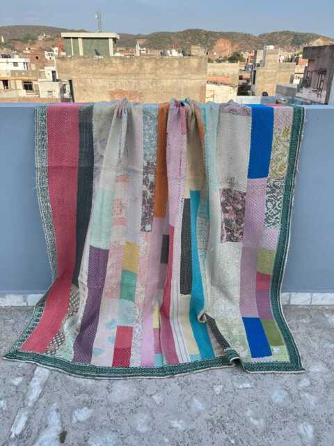 Cotton Kantha Quilt Patchwork Block Print Reversible Handmade Vintage Throw - image 1