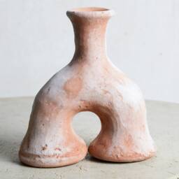 Mid-Season Sale Moroccan Unglazed, Raw Tamegroute Ceramic, Abstract Ecru Elephant's Foot Candlestick Sculpture, Craftsmanship - thumbnail 3