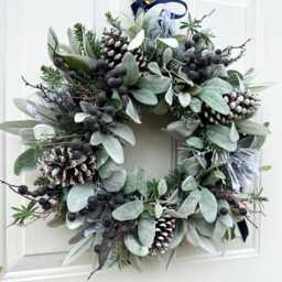 Snowy Christmas Wreath For Front Door With Artificial Blueberries, Winter Foliage & Natural Pinecones - thumbnail 3