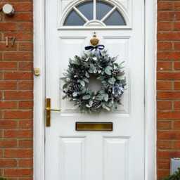 Snowy Christmas Wreath For Front Door With Artificial Blueberries, Winter Foliage & Natural Pinecones - thumbnail 2