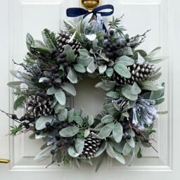 Snowy Christmas Wreath For Front Door With Artificial Blueberries, Winter Foliage & Natural Pinecones - thumbnail 1