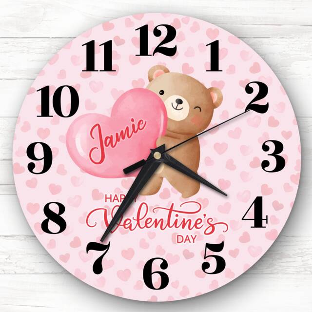 Watercolour Teddy Bear Holding Heart Valentine's Day Gift Personalised Clock - image 1