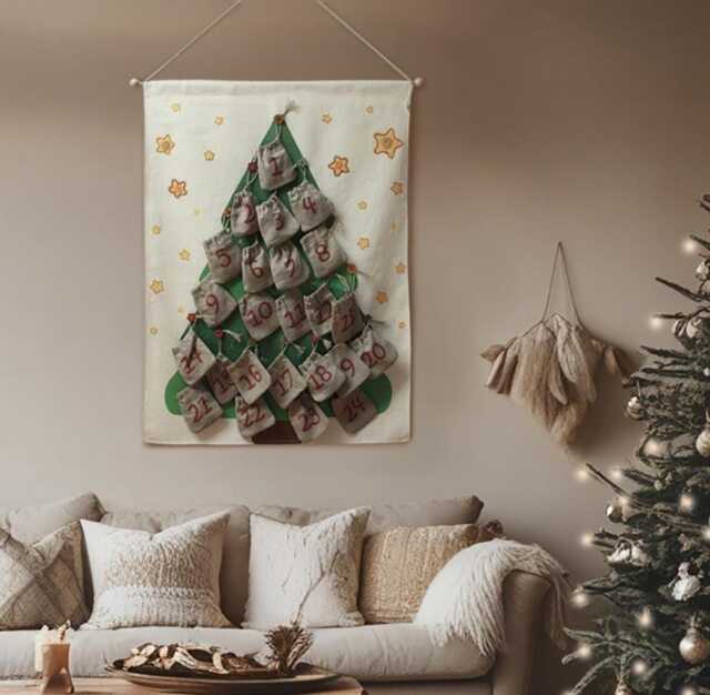 Linen Advent Calendar 2025 For Kids Embroidered Christmas Tree, Reusable Bags - image 1