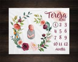 Boho Floral Blanket, Nursery, Pink Baby Nursery Decor, Personalized Baby, Milestone Girl - thumbnail 1