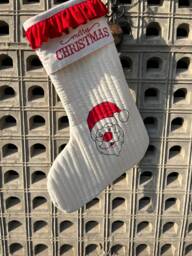 Handmade Santa Claus Christmas Stocking Block Print Cotton Holiday Decor - thumbnail 1